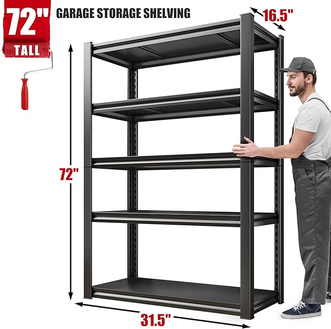 Raybee Storage Shelves 2000LBS Garage Shelving Heavy Duty, 5-Tier Adjustable Garage Shelves, Metal Shelving for Garage, Basement, Warehouse, Pantry, 72" H x 31.5" W x 16.5" D, Black