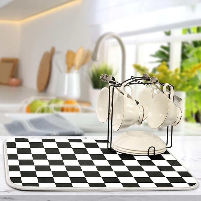 Black White Chessboard Dish Drying Mat for Kitchen Countertop 16x18 Plaid Checkered Rectangle Small Drying Mat Reusable Quick Dry Dish Sink Absorbent Mats Easy Clean Decorative Home Essentials