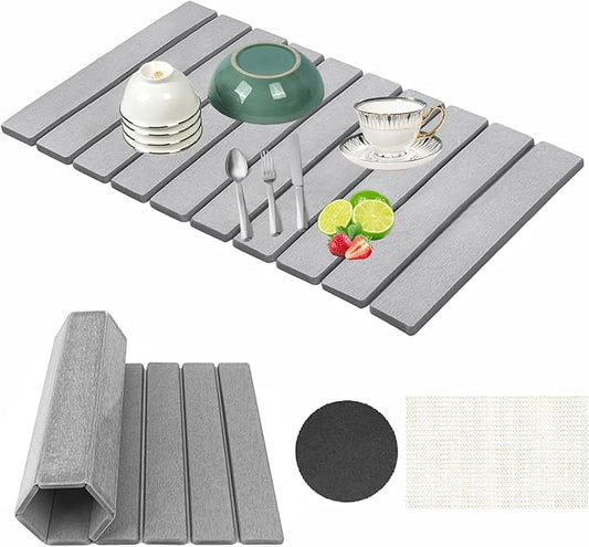 Stone Drying Mat for Kitchen Counter, Collapsible Dish Drying Mat, Fast Drying Diatomaceous Earth Dish Drying Mats, Water Absorbent Diatomite Kitchen Mat (grey, small)