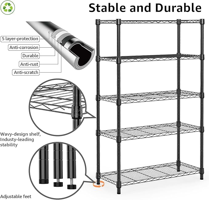 1250 lbs Storage Shelving Utility Shelving Unit 5-Tier Utility Shelving Unit Steel Organizer Wire Rack for Home,Kitchen,Office (13.7" D x 23.6" W x 62.4" H)