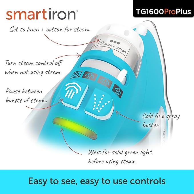 oliso TG1600 ProPlus Smart Iron with Auto-Lift – 1800 Watt Steam Iron for Clothes, Sewing, Quilting & Crafting – Diamond Ceramic-Flow Soleplate, Turquoise