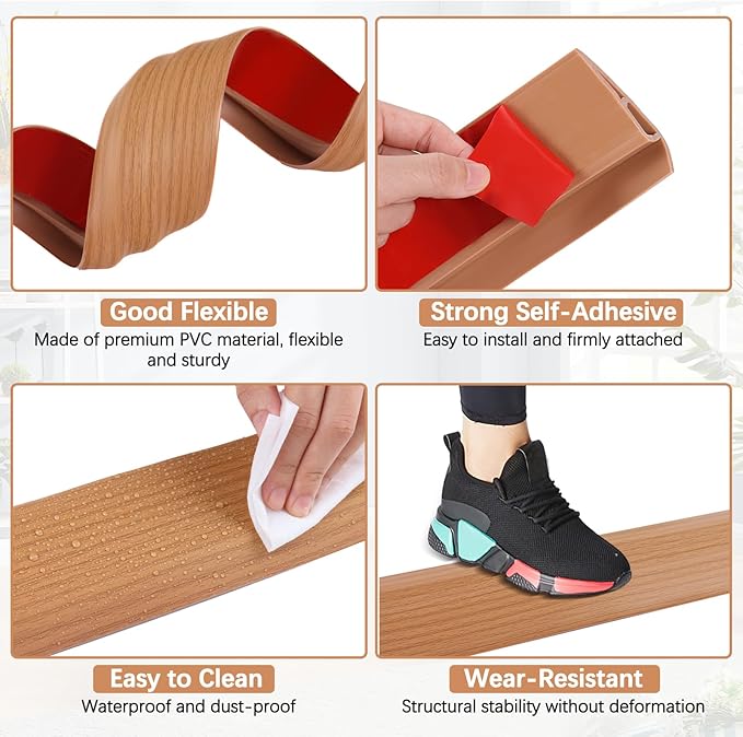 Vinyl Door Threshold Flooring Transition Strip Self Adhesive Carpet Edging Strip for Laminate Doorway Edge Threshold from 2/5" to 3/5" (Yellow Wood Grain, 10 Ft)