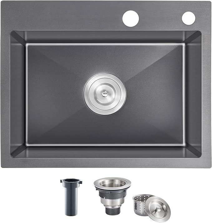 22x18 Inch Drop in Kitchen Sink, Handmade 304 Black Stainless Steel Sink, 9" Deep Single Bowl, Topmount with 2 Holes, R10 Tight Corner, for Modern Kitchen/RV/Bar Sink