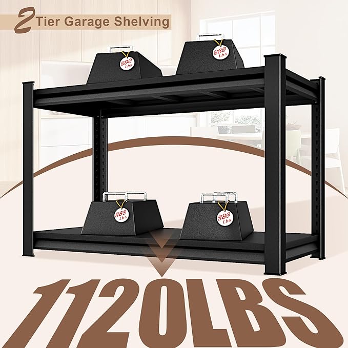 48" W 2-Tier Garage Shelving Heavy Duty, 1120LBS Loads Garage Storage Shelves, Metal Shelving Units and Storage Racks, Industrial Utility Shelf Heavy Duty,48" Wx16 Dx39 H, Black