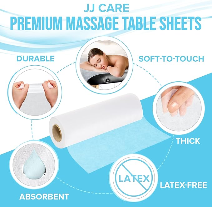 JJ CARE Disposable Massage Table Sheets - 50 Sheets [31.5" x 328 feet, 1 Roll] - 50% Thicker Perforated Massage Bed Cover, Non-Woven Disposable Roll for Massage Table for Waxing, Facial, Tattoo, & Spa