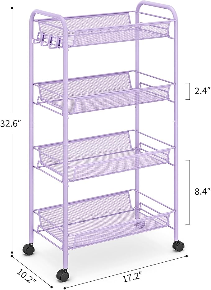 TOOLF 4-Tier Rolling Cart, Metal Utility Cart with 3 Hooks, Easy Assemble Mobile Storage Trolley On Wheels, Metal Shelving Units Kitchen Bathroom Laundry Room