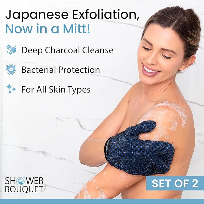 Japanese Exfoliating Mitt 2-Pack - Charcoal & Silver Ion Exfoliating Gloves for Shower - Soft Inner Fabric Gentle Exfoliation & Deep Cleansing Body Scrub Gloves for All Skin Types - 1 White, 1 Blue