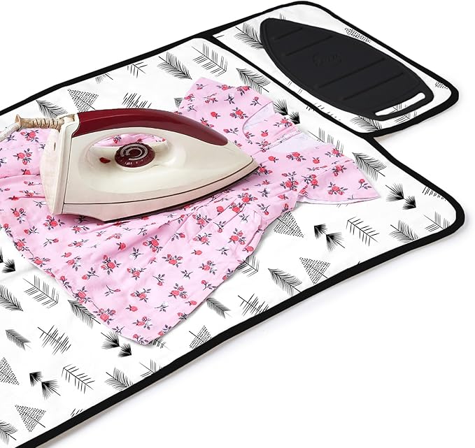 Encasa Homes Ironing Mat/Pad (Small 28"x20") with 3mm Padding & Silicone Iron Rest for Steam Pressing on Tabletop or Bed - Heat Resistant, Portable, Quilting & Travel Blanket - Black Arrow