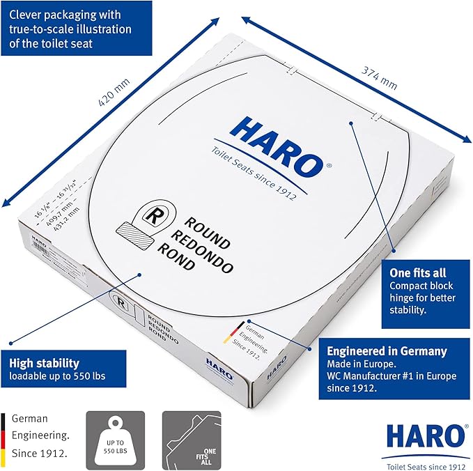 HARO | ROUND Toilet Seat | Heavy-Duty up to 550 lbs Capacity | Slow-Close-Seat | Quick-Release & Easy Clean, Fast-Fix-Hinge, No-Slip Bumpers, White | Advanced (PP) | 16.5" x 14.5" x 2.32"