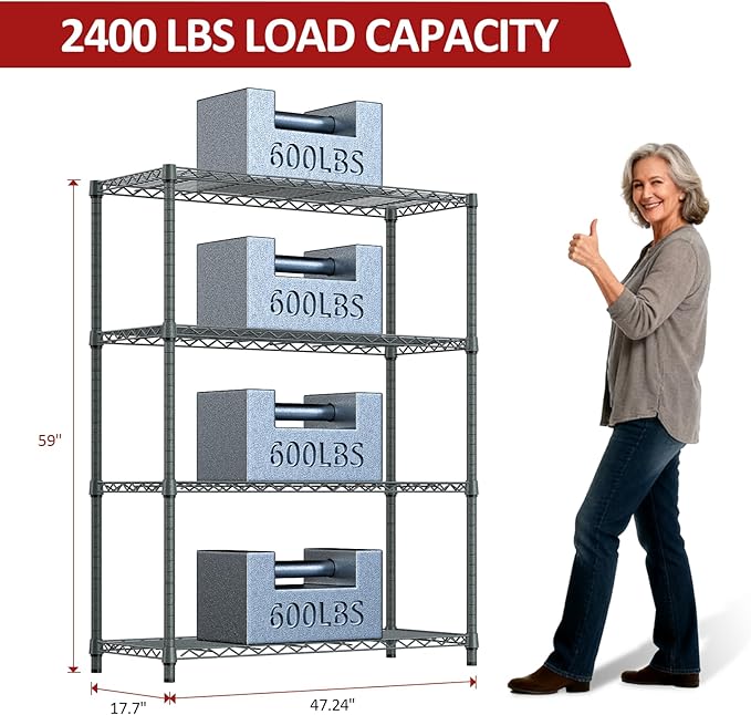 IZEUK Outdoor Metal Storage Shelving Unit, 4-Tier Heavy Duty Wire Rack Organizer with Rust-Resistant and Corrosion-Proof Coating (Grey, 17.7" D x 47.24" W x 59" H)
