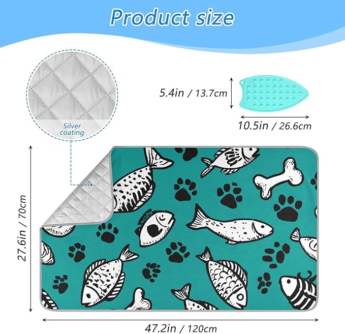 Ironing Mat Portable Ironing Pad Ironing Blanket for Table Top Heat Resistance Double-Side Using Travel Large 47.2 x 27.6 Inch Foldable Lightweight Dark Green Paw Prints and Fish