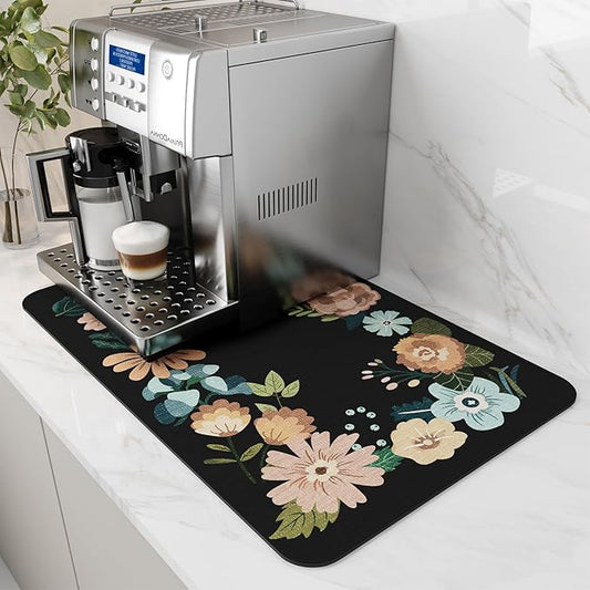 AMOAMI Coffee Mat Hide Stain Rubber Backed Absorbent Dish Drying Mat for Kitchen Counter - Bar Accessories Fit Under Coffee Maker, Espresso Machine, Dish Rack - Floral Black 12x19