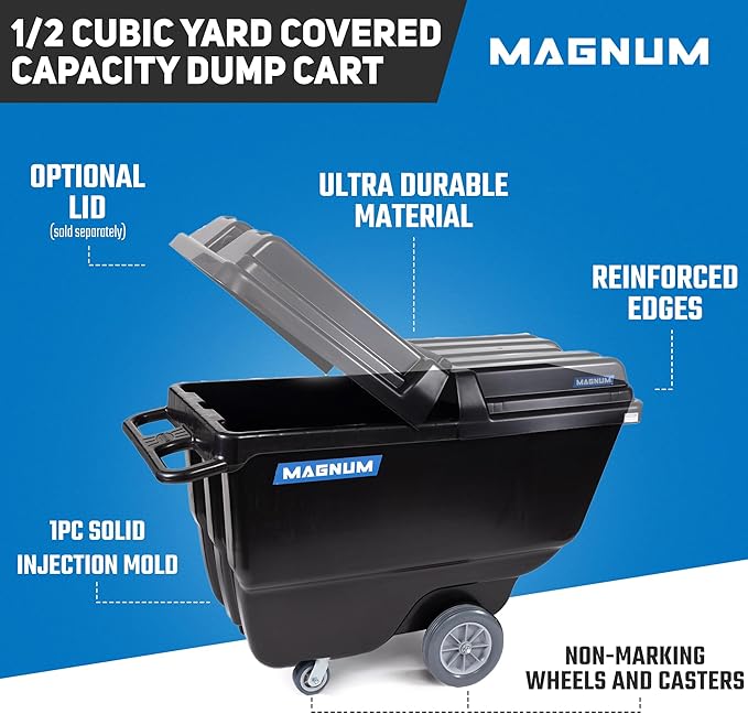 Magnum Tilt Truck, 1/2 Cu. Yd. Capacity Dump Cart with Non-Marking 12” Wheels & 5” Casters for Handling, Transporting on Construction Jobsites, 750 lbs, Trash Cart with Wheels DUC12T-NM-04PK (4-Pack)