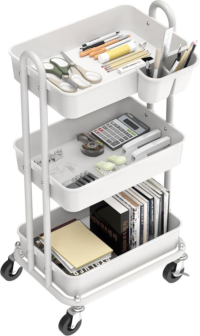 Simple Houseware 3-Tier Multifunctional Rolling Utility Cart with Hanging Bucket, White