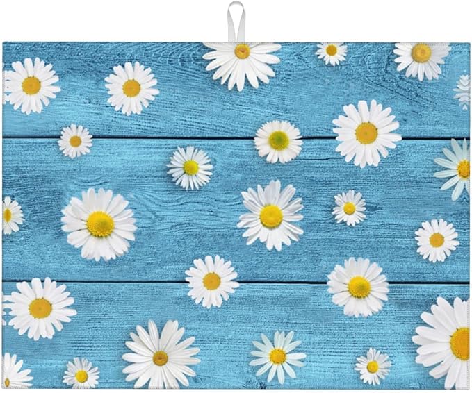 Daisies On Vintage Blue Wood Dish Drying Mats For Kitchen Counter Microfiber Absorbent dish Mat Xl Reversible Drying Mats For Countertop 18 Inch X 24 Inch