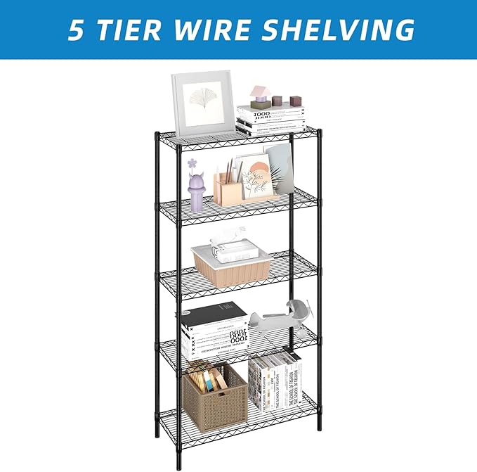 5-Shelf Adjustable Metal Shelf Wire Shelving Unit Storage Rack Display Shelf for Office,Kitchen,Bedroom,Bathroom,Laundry,Pantry Basement,Garage(Black,36" L x 14" W x 72" H)