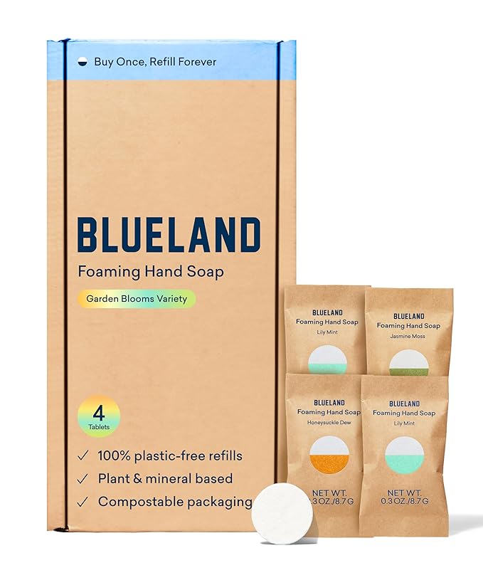 BLUELAND Foaming Hand Soap Refill Tablets, 4-Pack, Garden Blooms Variety Scents, Eco Friendly Cleaning Products, 4 x 9 Fl oz