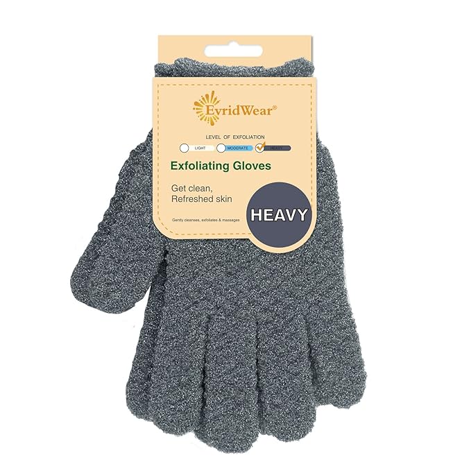 Evridwear Exfoliating Dual Texture Bath Gloves for Shower, Spa, Massage and Body Scrubs, Dead Skin Cell Remover, Gloves with Hanging Loop (1 Pair Gray Heavy Glove)