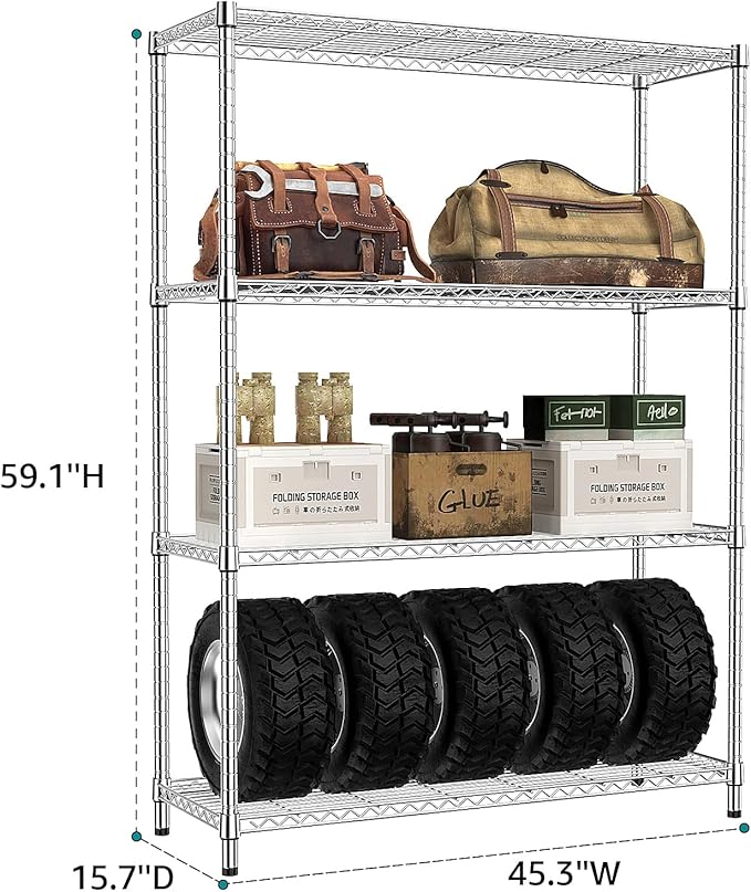 IZEUK 4-Tier Adjustable Heavy Duty Metal Wire Shelving Unit, Wide Storage Rack Organizer for Garage, Kitchen, Office, Dorm, Warehouse (Silver, 15.8" D x 45.8" W x 59.4" H, 1400 lbs Capacity)