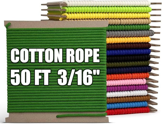PerkHomy 500lb Cotton Rope 3/16" (5mm) 50 ft Multi Purpose Utility Diamond Braided Cord, Natural Cotton for Clothes Line Camping Crafting Flag Pole, Green