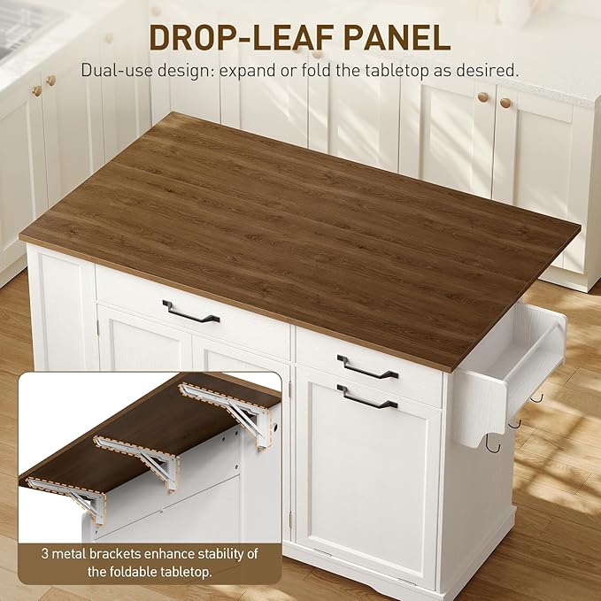 Kitchen Island with Power Outlet & Drop Leaf, Rolling Storage Cart with Trash Storage Cabinet,Farmhouse Mobile Island Table for Kitchen, Dining Room, Hidden Casters, White and Walnut