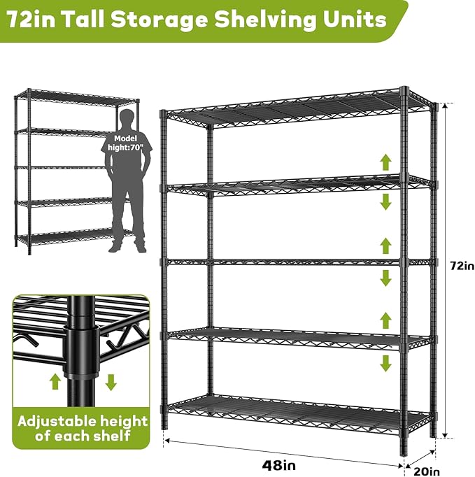 Storage Shelves, 48" L x 20" W x 72" H Heavy Duty Garage Wire Shelving Unit Loads 2000LBS, 5-Tier Adjustable Metal Industrial Utility Shelf Rack for Kitchen, Laundry Room, Basement