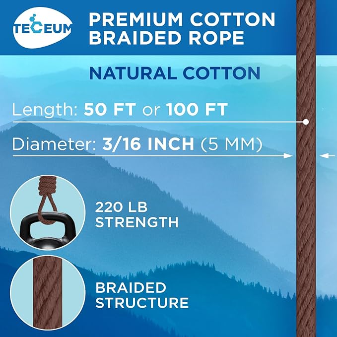 TECEUM Cotton Rope 3/16” (5 mm) – 100 FT – Strong All-Purpose Braided Rope – Natural Cotton – for Crafting, Сamping, Clothes Line, DIY, Indoor & Outdoor Use – Brown