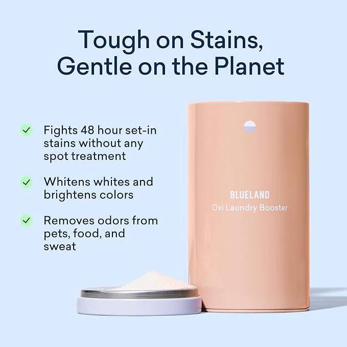 BLUELAND Oxi Laundry Booster Powder with Tin, Starter Set, Clear Skies Scent, 25 Loads, 17.6 oz, Plastic-Free, Eco Friendly, Oxy Cleaner, Stain Remover