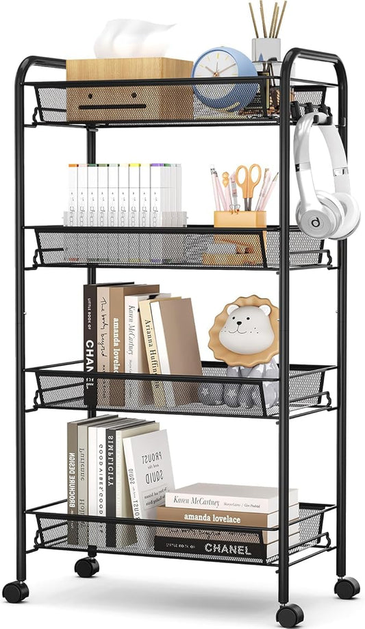 TOOLF 4-Tier Rolling Cart, Metal Utility Cart with 3 Hooks, Easy Assemble Mobile Storage Trolley On Wheels, Metal Shelving Units Kitchen Bathroom Laundry Room