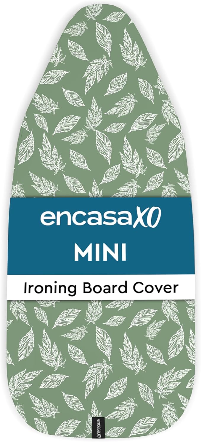Encasa XO Ironing Board Cover and Pad 28"x12" - Thick 3mm Felt Padding, Drawstring Tightening & Lock, Easy Fit, Scorch & Stain Resistant, Fits Mini Ironing Board - Big Leaves Green