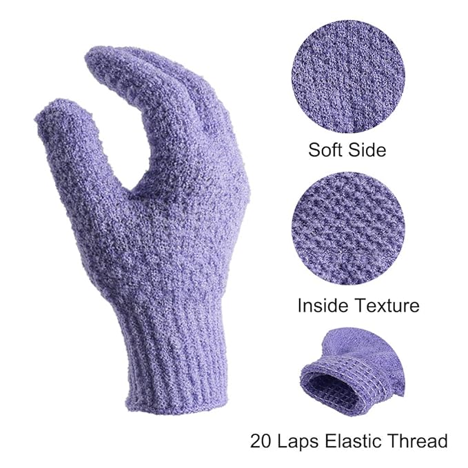 Bath Exfoliating Gloves Scrub - 4 pcs(2 pairs) Lengthened and Large Exfoliating Scrubbing Gloves for Shower, Spa, Massage - Scrub Exfoliating Mitts for Body, Face, Hand （Purple and Beige）