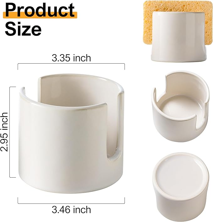 Sponge Holder for Kitchen Sink, Ceramic Dish Sponge Drying Caddy Scrubby Daddy Kitchen Organizer Cute Dish Rack for Sink Counter, Beige White