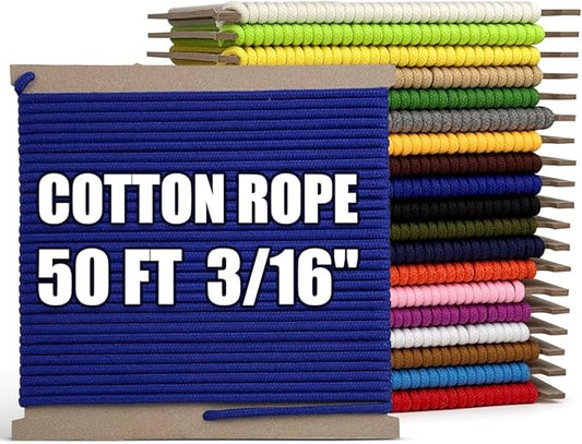PerkHomy 500lb Cotton Rope 3/16" (5mm) 50 ft Multi Purpose Utility Diamond Braided Cord, Natural Cotton for Clothes Line Camping Crafting Flag Pole, Blue