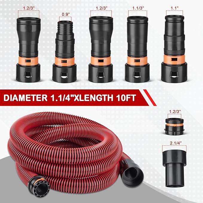 10FT Vacuum Hose Extension with 6 Adapter Attachments,Fits 1-1/4" Vacuum Cleaner Hose,Multi-Size Fittings 0.9" to 1-3/4",Universal Shop Vac Accessories (Please Confirm Hose Size Compatibility)