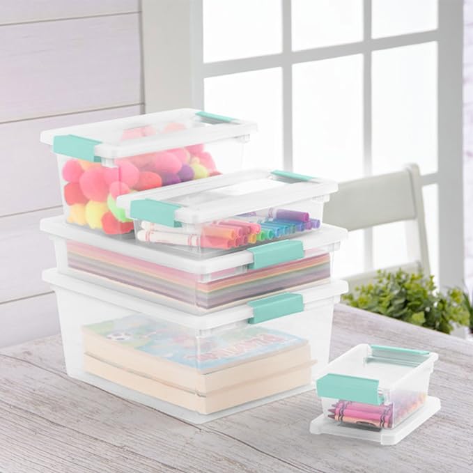 Sterilite 18-Pack Clip Box, Stackable Clear Plastic Bins with Latching Lids, Small - Writing, Arts or Crafts Supplies Storage Containers for Home, Office, Classroom and Workshop Organization