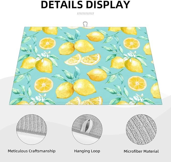 Spring Yellow Lemon Teal Background Microfiber Dish Drying Mat For Kitchen Countertop Xl Absorbent Reversible Drainer Rack Pad Extra Large 18 X 24 Inch