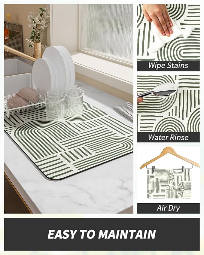 AMOAMI Coffee Mat Hide Stain Rubber Backed Absorbent Dish Drying Mat for Kitchen Counter - Fits Under Coffee Maker or Machine - Green Line 16x24