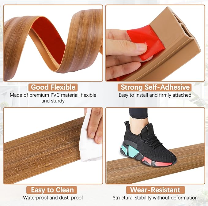 Vinyl Door Threshold Flooring Transition Strip Self Adhesive Carpet Edging Strip for Laminate Doorway Edge Threshold from 1/5" to 2/5" (Light Brown Wood Grain, 6.6 Ft)