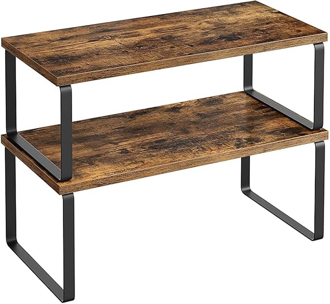 Cabinet Organizer Shelf, Kitchen Counter Storage, 2-Piece Set, Stackable Spice Rack, Metal and Wood (Black and Rustic Brown)