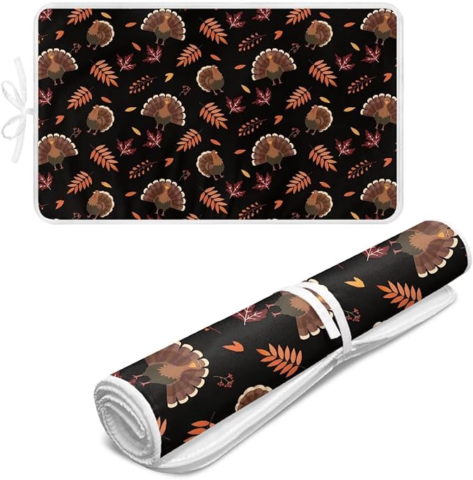 Cute Ironing Mat for Table top Washer,Dryer,Countertop,Turkey Portable Iron Pad Blanket for Washer Dryer Countertop Travel 32 x 16 Inch Thanksgiving Small Ironing Pads, Black