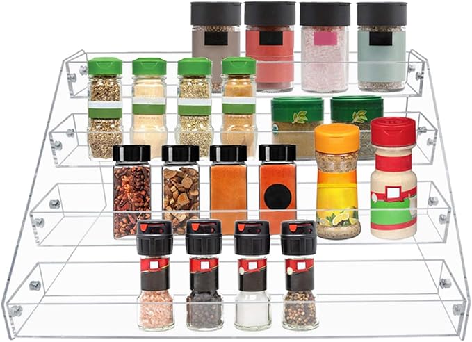 PMMASTO Tiered Spice Rack, Seasoning Organizer, Clear Acrylic Vertical Shelves Can Organizer for Countertop, Cabinet, Pantry, Kitchen Organization and Storage - 4 Tier