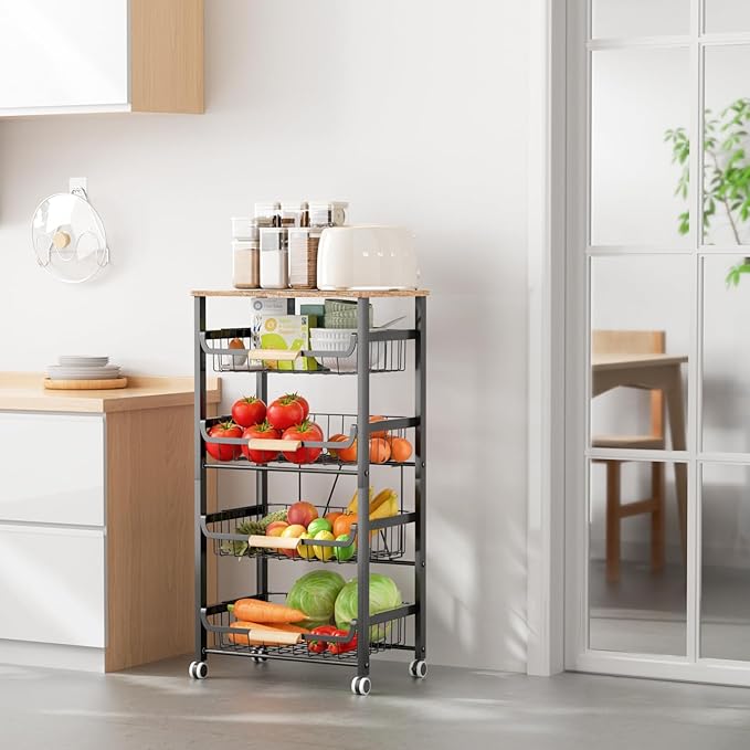 5-Layer Fruit Basket Kitchen Food Organizer and Rack, Stackable Storage Cart with Desktop, Pull-Out Hollow Metal Basket, Wheeled Sorting Rack Spice Rack, Black