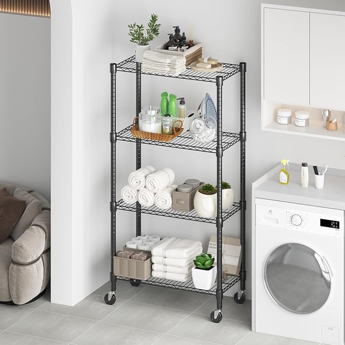 Himimi 72" H Wire Shelving Unit Storage, Metal Storage Shelves with Wheels, Heavy Duty Shelves with 4-Tier Adjustable Layer Rack Strong Steel for Kitchen Pantry Basement, 14" D×30" W×72" H, Black