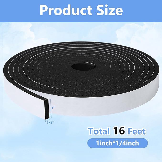 Weather Stripping Door Seal Strip- 1 Inch X 1/4 Inch X 16Feet, Strong Adhesive, Lightproof, Soundproof, Weatherproof Foam Tape Insulation for Sliding Door, Front Door Frame, Windows- Black