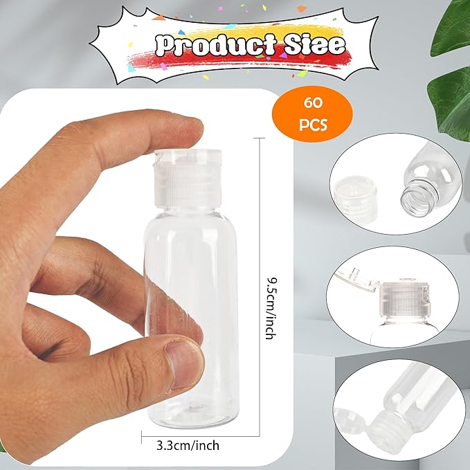 60 Pack 1.7oz/50ml Travel Empty Bottles with Flip Cap Plastic Empty Hand Sanitizer Bottles Travel Size Squeezable Bottles Container Refillable Clear for Shampoo Baby Shower Body Soap Wedding Party