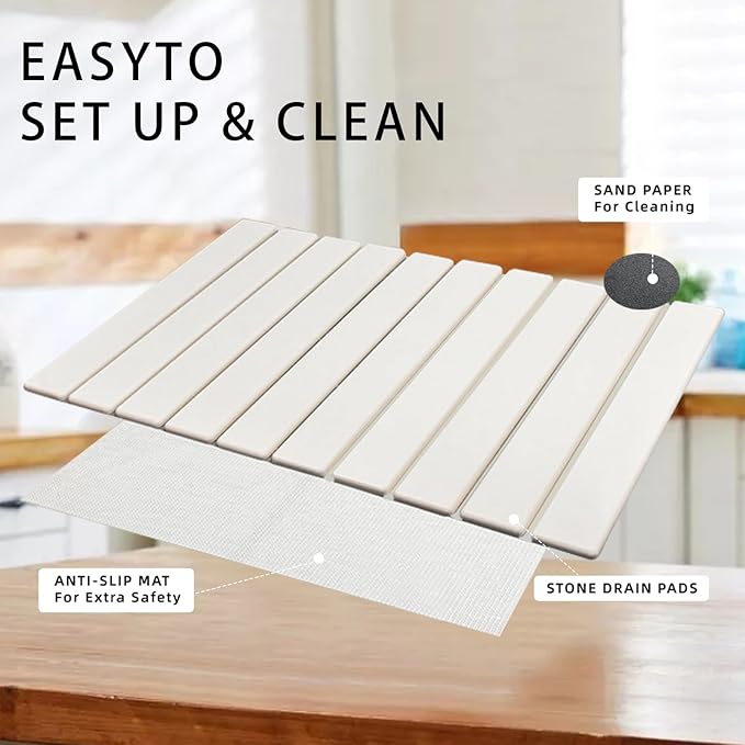 Stone Drying Mat for Kitchen Counter, Collapsible Dish Drying Mat, Fast Drying Diatomaceous Earth Dish Drying Mats, Water Absorbent Diatomite Kitchen Mat (white, small)