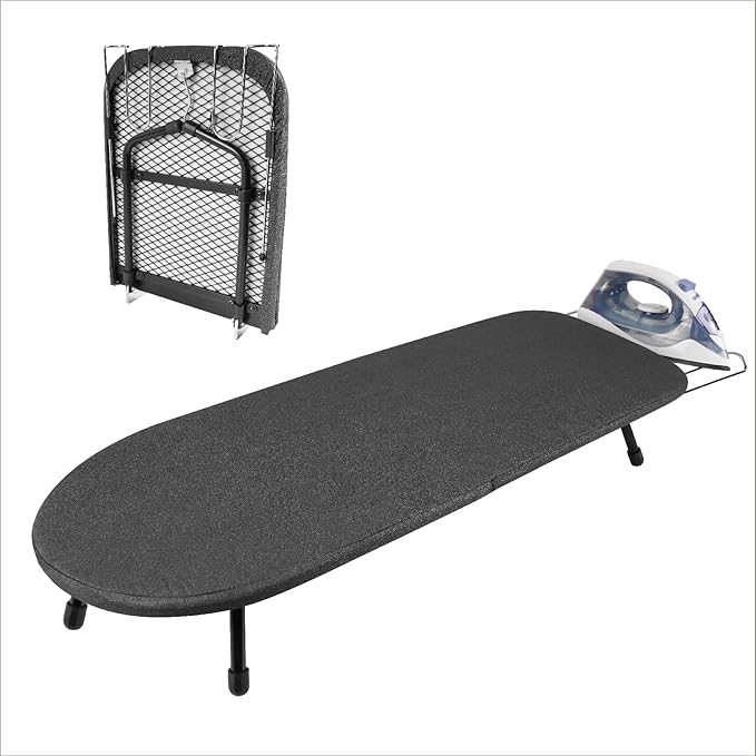 Metal Tabletop Ironing Board with Iron Rest, Portable Ironing Board Small with Heat Resistant Cotton Cover, Mini Iron Board for Small Space and Travel, 32 x 12 Inch (Black)