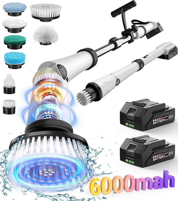 6000mAh Battery Electric Spin Scrubber 5inch Large Brush, Zordin Best Power Shower Scrubber for Cleaning, 1200RPM Cordless Cleaning Brush for Bathroom/Floor Grout Tile (8 Brushes)