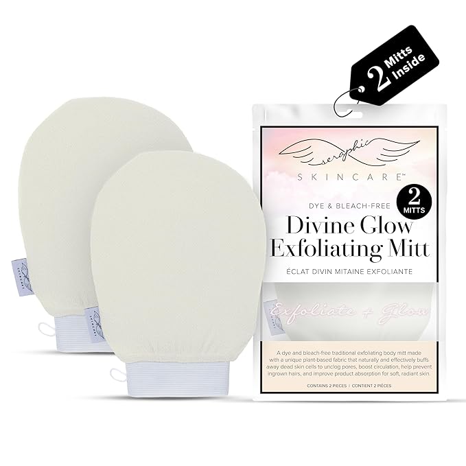 Seraphic Skincare (Original) Divine Glow Exfoliating Mitt (2pcs) – 100% Vegan Viscose Traditional Body Scrub Glove Kessa Korean Washcloth – Body Exfoliator for Self-Tan Removal & Keratosis Pilaris