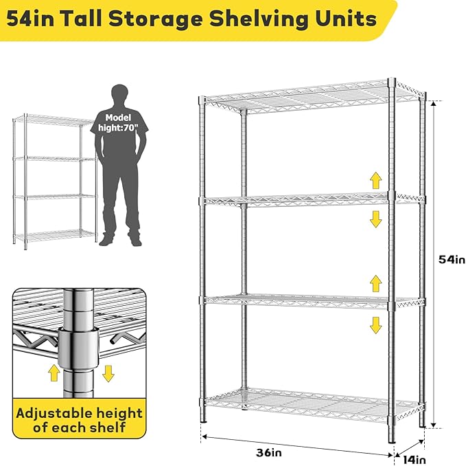 Storage Shelves, 36" L x 14" W x 54" H Heavy Duty Garage Wire Shelving Unit Loads 1400LBS, 4-Tier Adjustable Metal Industrial Utility Shelf Rack for Kitchen, Laundry Room, Basement